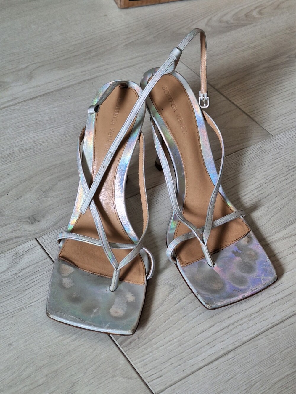 Bottega Veneta Stretch High-Heel Ankle Strap Sandals Iridescent Size 40 / 10 TLC
